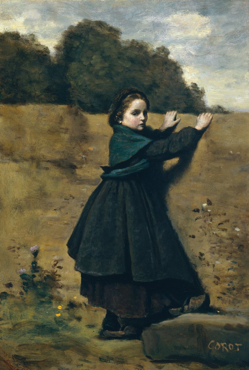 The Curious Little Girl, 1860-64 (olie på pap, lagt på træ) af Jean Baptiste Camille Corot