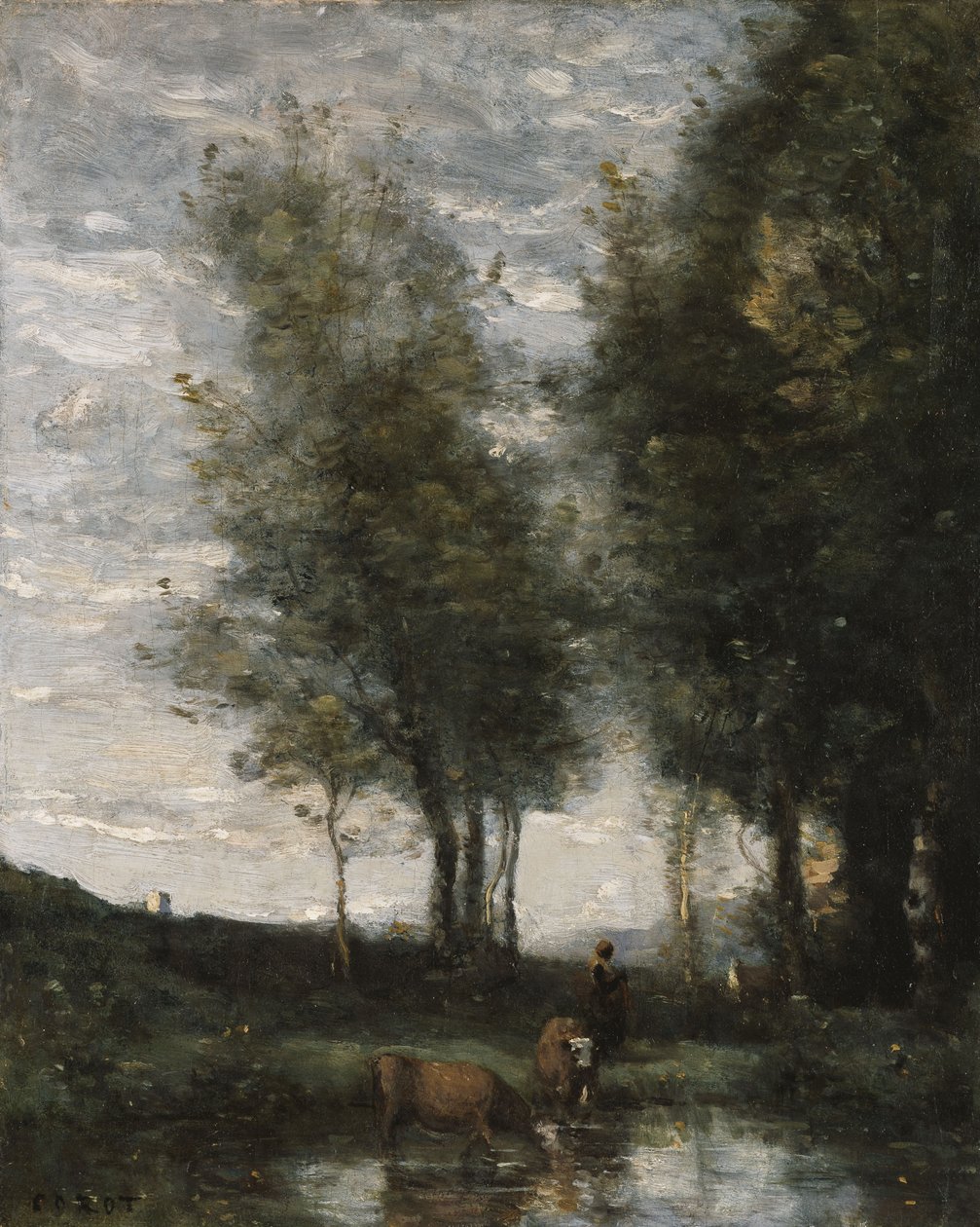 Dammen, kohyrde (olie på lærred) af Jean Baptiste Camille Corot