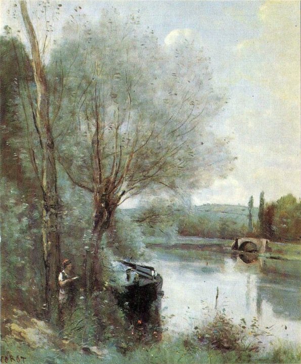 Læseren ved den skovklædte bred af Jean Baptiste Camille Corot