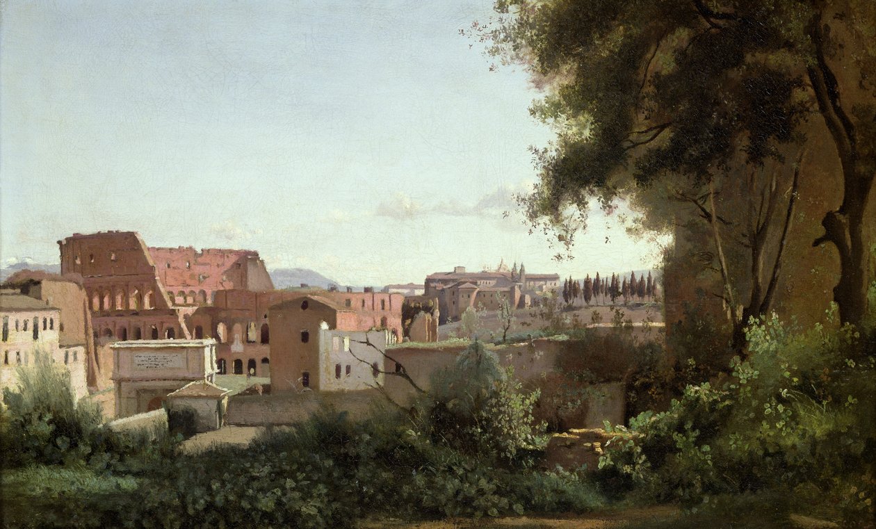 Udsigt over Colosseum fra Farnese Gardens, 1826 (olie på papir lagt på lærred) af Jean Baptiste Camille Corot