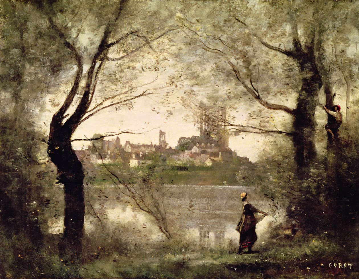 Udsigt over byen og katedralen i Mantes gennem træerne, aften af Jean Baptiste Camille Corot