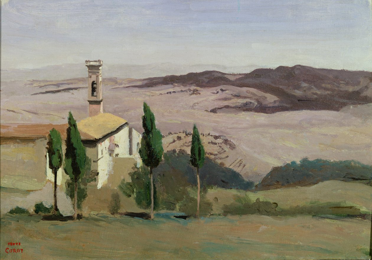 Volterra, Kirke og Klokketårn, 1834 af Jean Baptiste Camille Corot