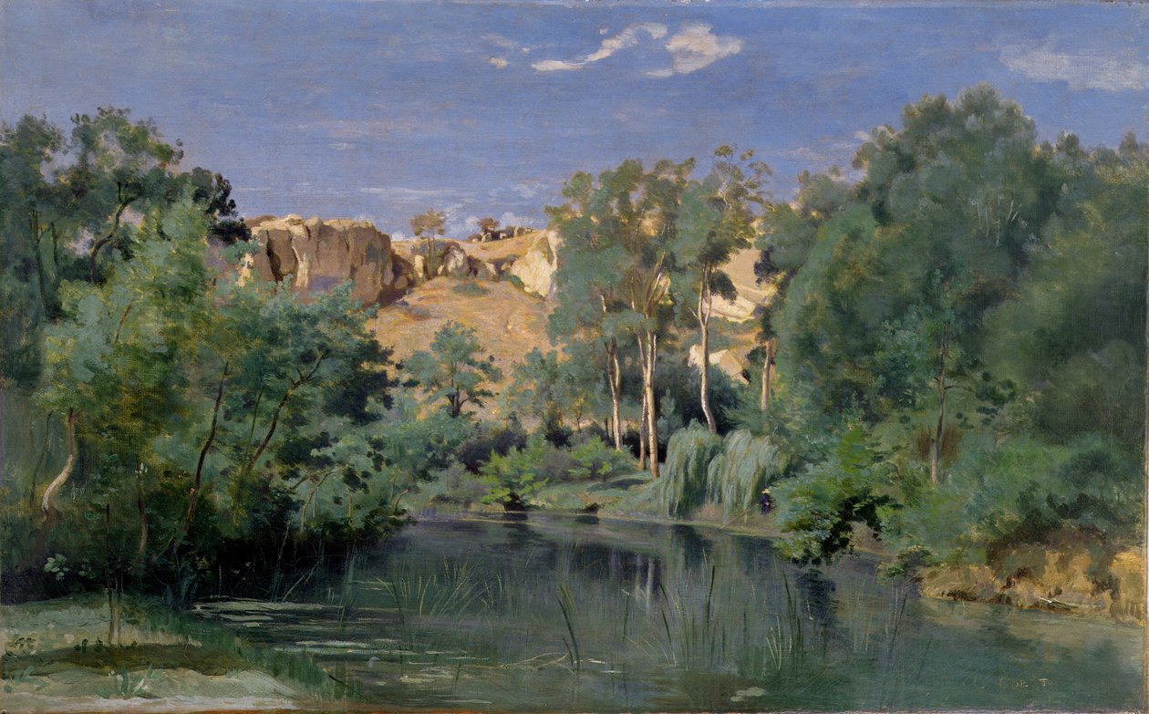 Skovklædt landskab med en dam, ca. 1830