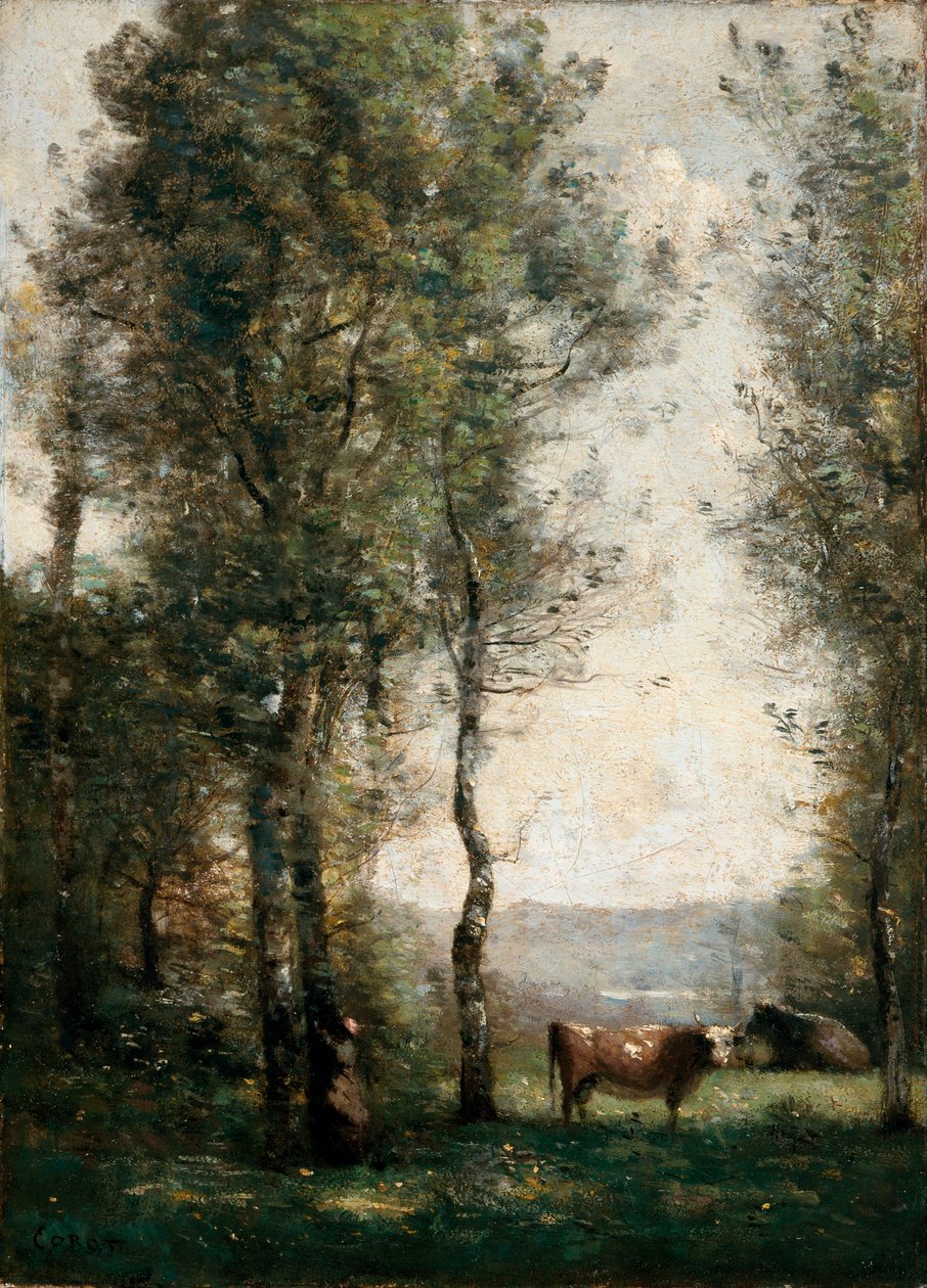 Skovklædt landskab med køer i en lysning af Jean Baptiste Camille Corot
