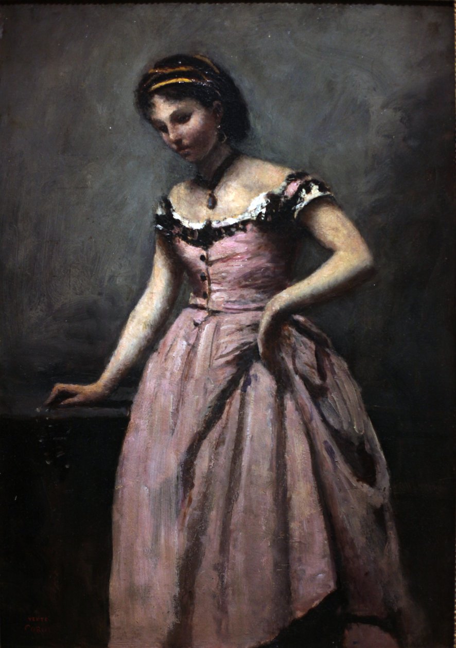 Ung kvinde i lyserød kjole af Jean Baptiste Camille Corot