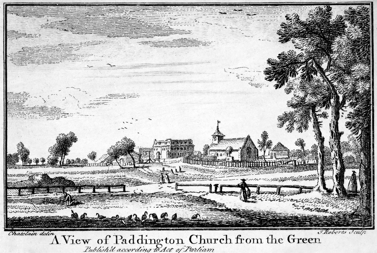 En udsigt over Paddington Church fra Green, ca. 1750 af Jean Baptiste Claude Chatelain