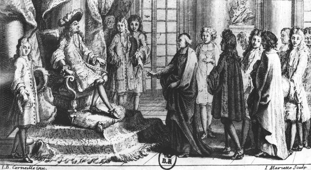 Medlemmer af det franske akademi overrækker ordbogen til Ludvig XIV (1638-1715) i 1694, graveret af Jean Mariette (1660-1742) af Jean Baptiste Corneille