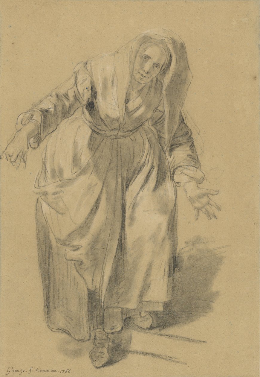 Gammel kvinde med udstrakte arme (undersøgelse til den napolitanske gestus) af Jean Baptiste Greuze