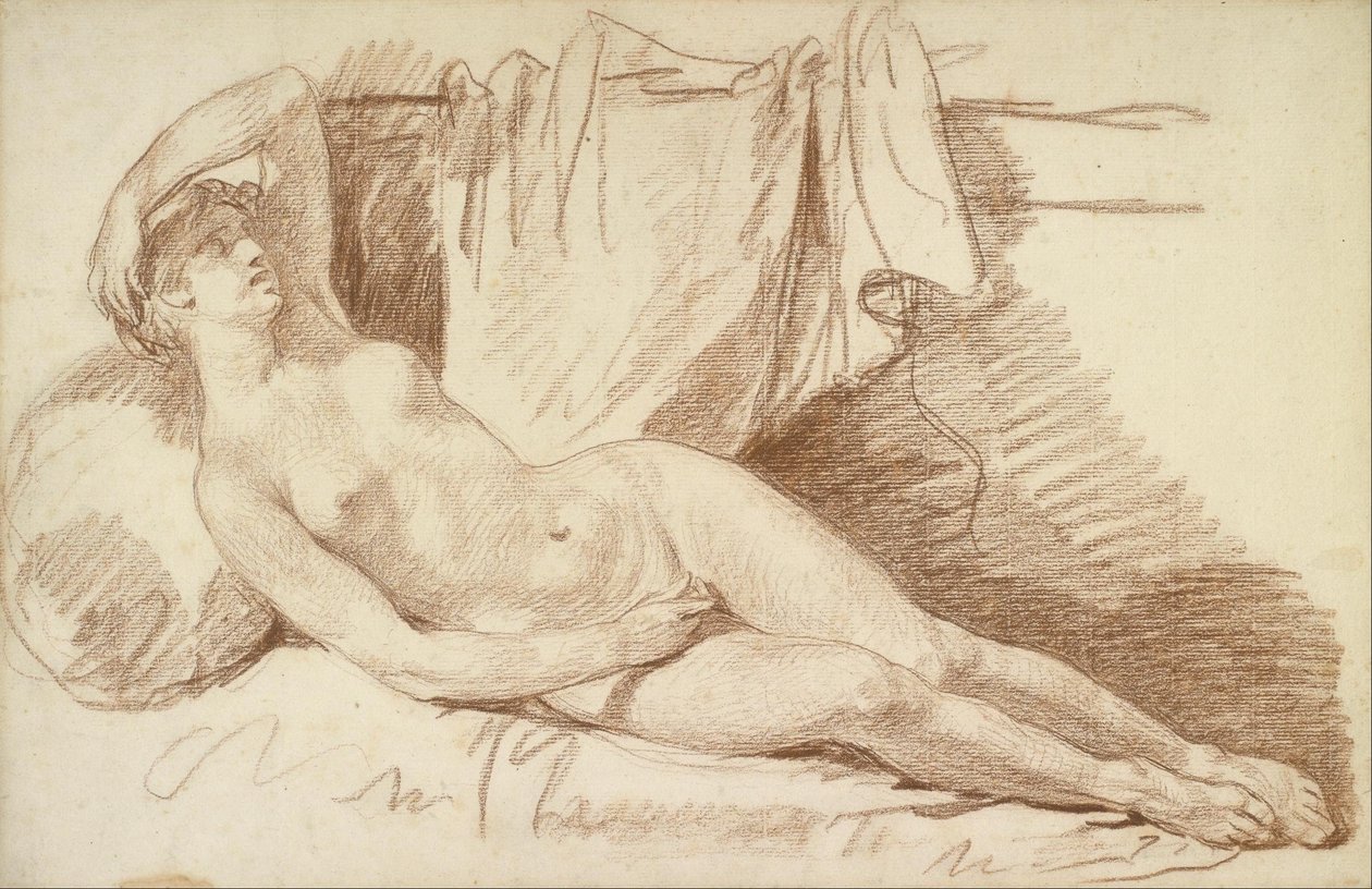 Liggende kvindelig nøgen- Study for af Jean Baptiste Greuze