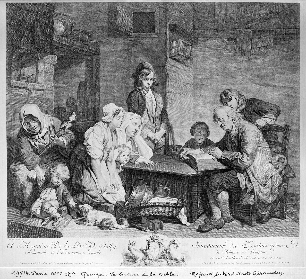 Læsningen af Bibelen, indgraveret af Pieter Franciscus Martenisie eller Martinasie (1729-89) 1759 af Jean Baptiste Greuze