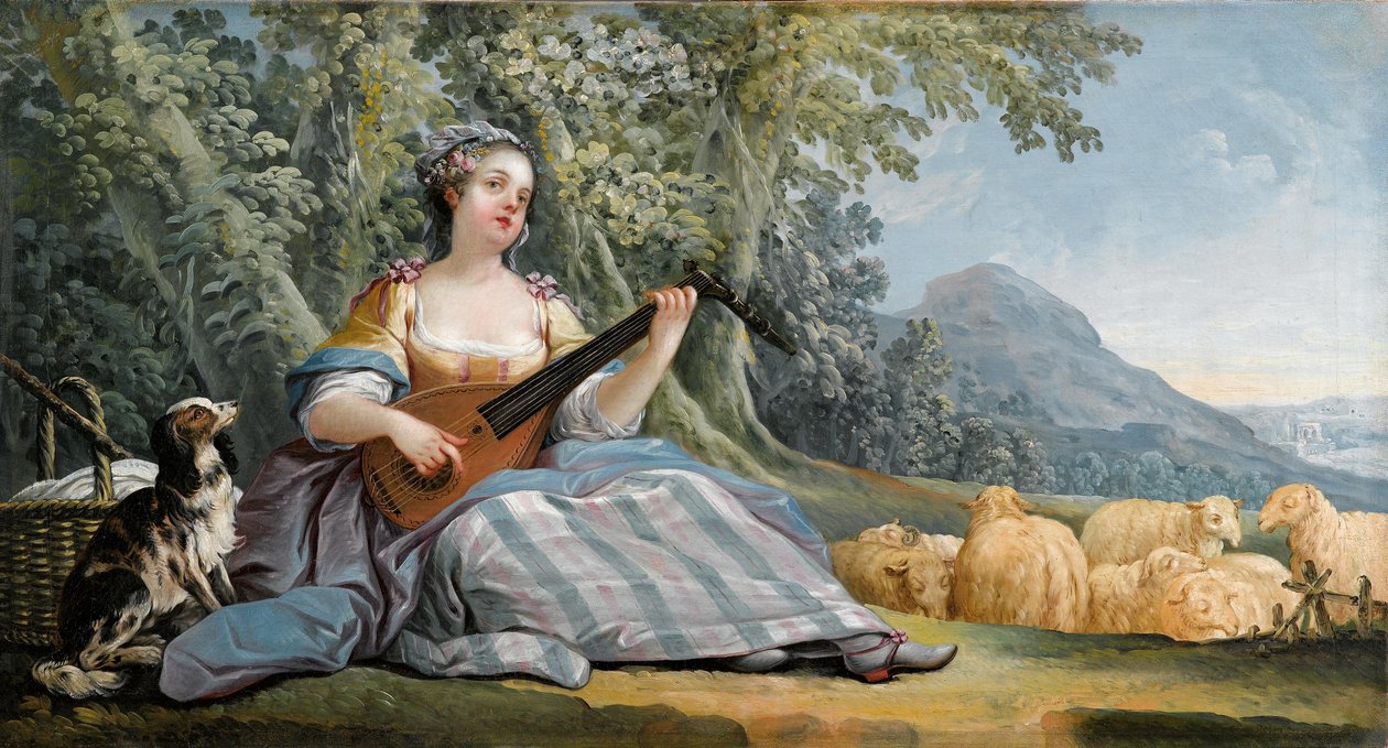 En hyrdepige, der spiller mandolin af Jean Baptiste Huet