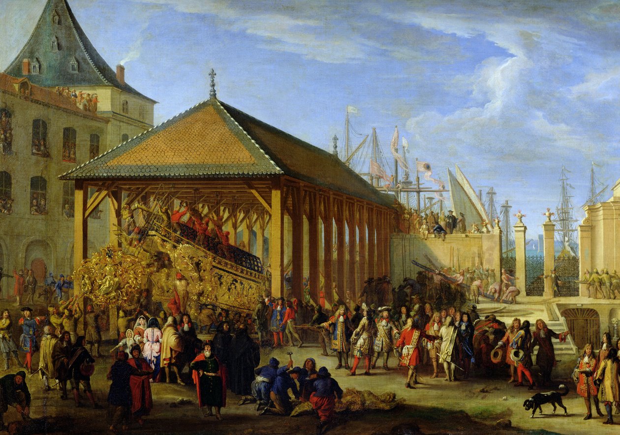 Jean-Baptiste Colbert (1651-90) Marquis de Seignelay og Louis Victor de Rochechouart (1636-88) Duc de Vivonne besøger galeonen "Reale de France" i Arsenal i Marseille i 1669, ca. 1679 (olie af Jean Baptiste I de La Rose