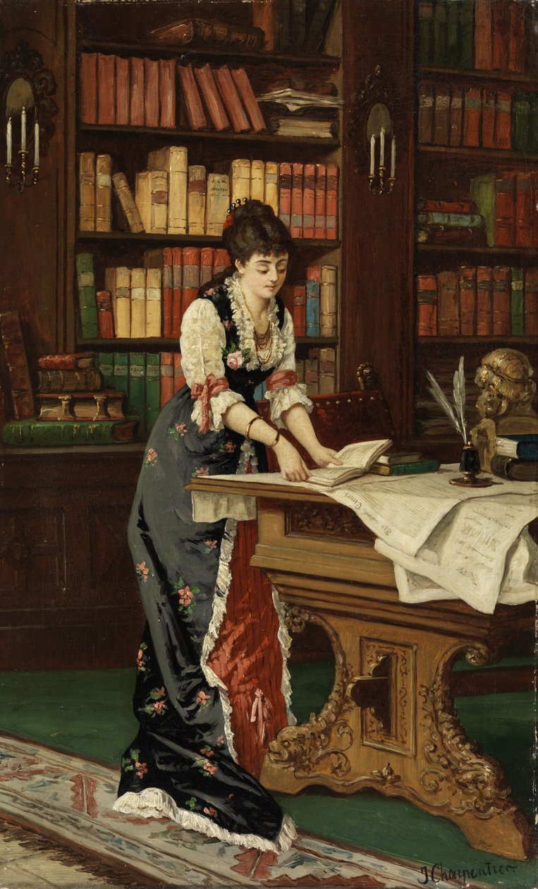 Ung kvinde læser i et biblioteksrum af Jean Baptiste II Charpentier