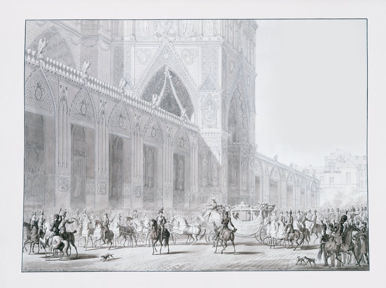 Ankomst til Notre-Dame katedralen, Paris af kejser Napoleon I og kejserinde Josephine til deres kroning den 2. december, 1804, illustration fra 