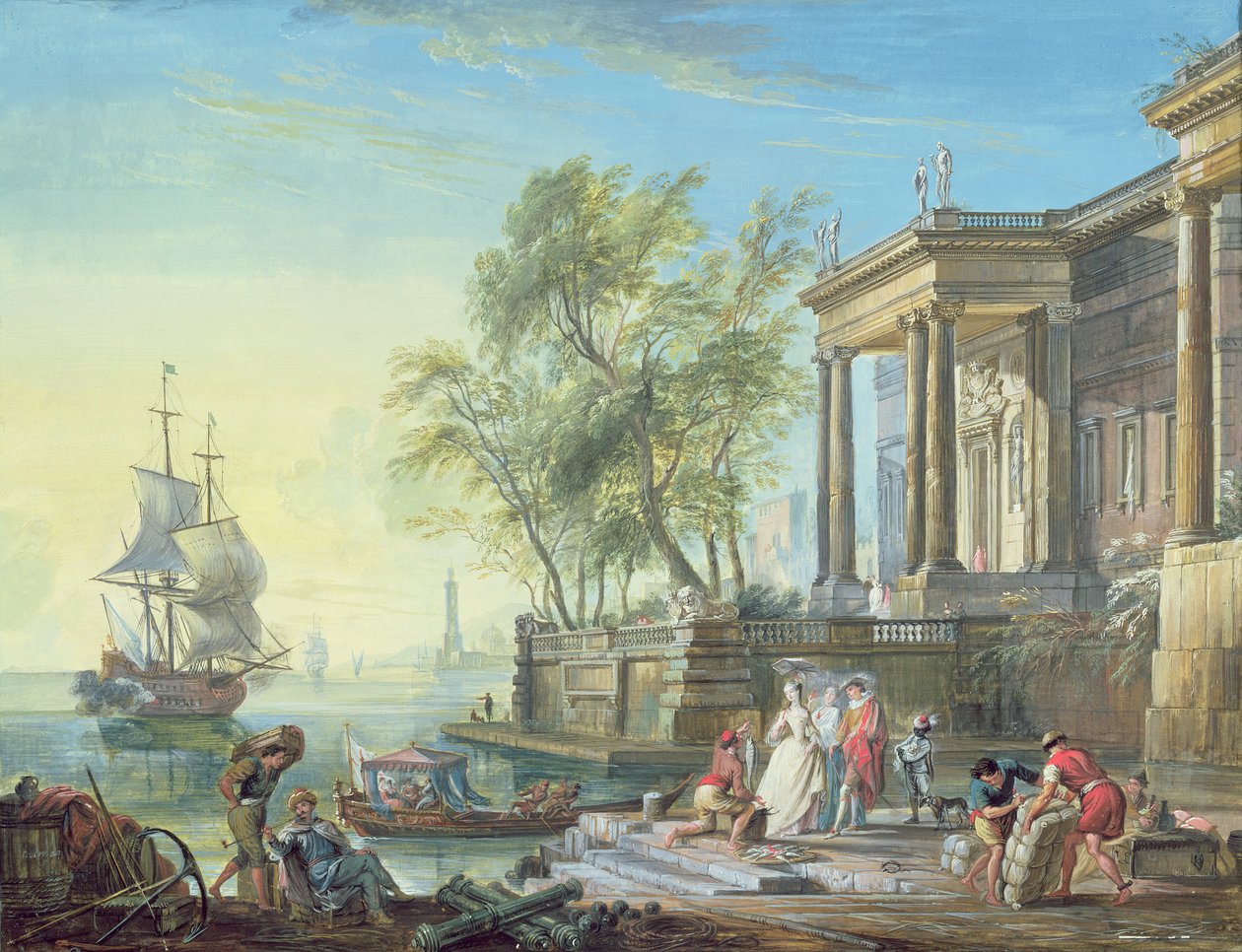 Havnescene med solnedgang af Jean Baptiste Lallemand