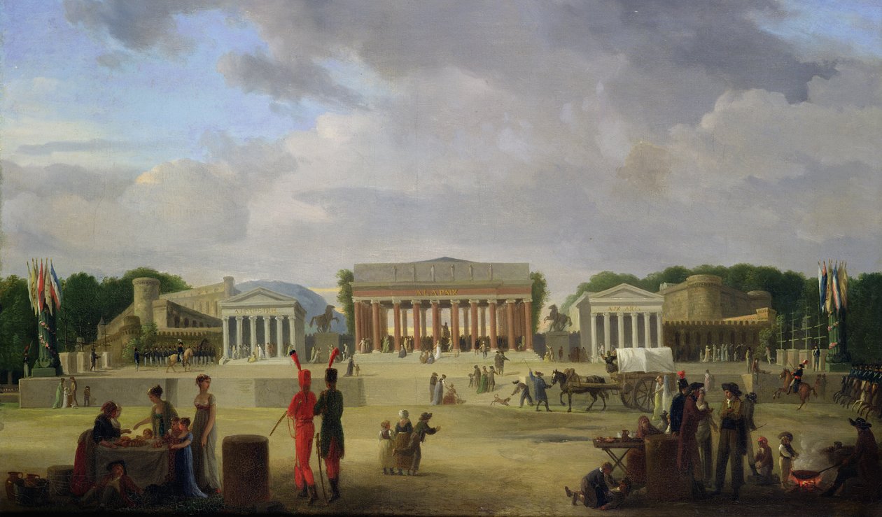 Udsigt over Grand Theatre bygget på Place de la Concorde til Fete de la Paix, 9. november 1801 af Jean Baptiste Louis Cazin