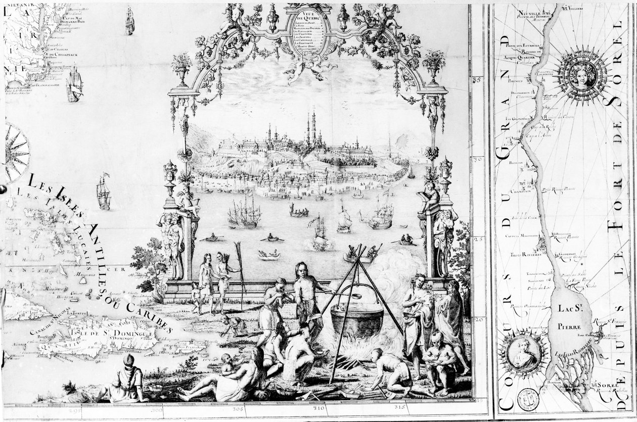 Udsigt over Quebec, kartouche af et kort, der viser St. Lawrence-floden fra Sorel, 1699 af Jean Baptiste Louis Franquelin