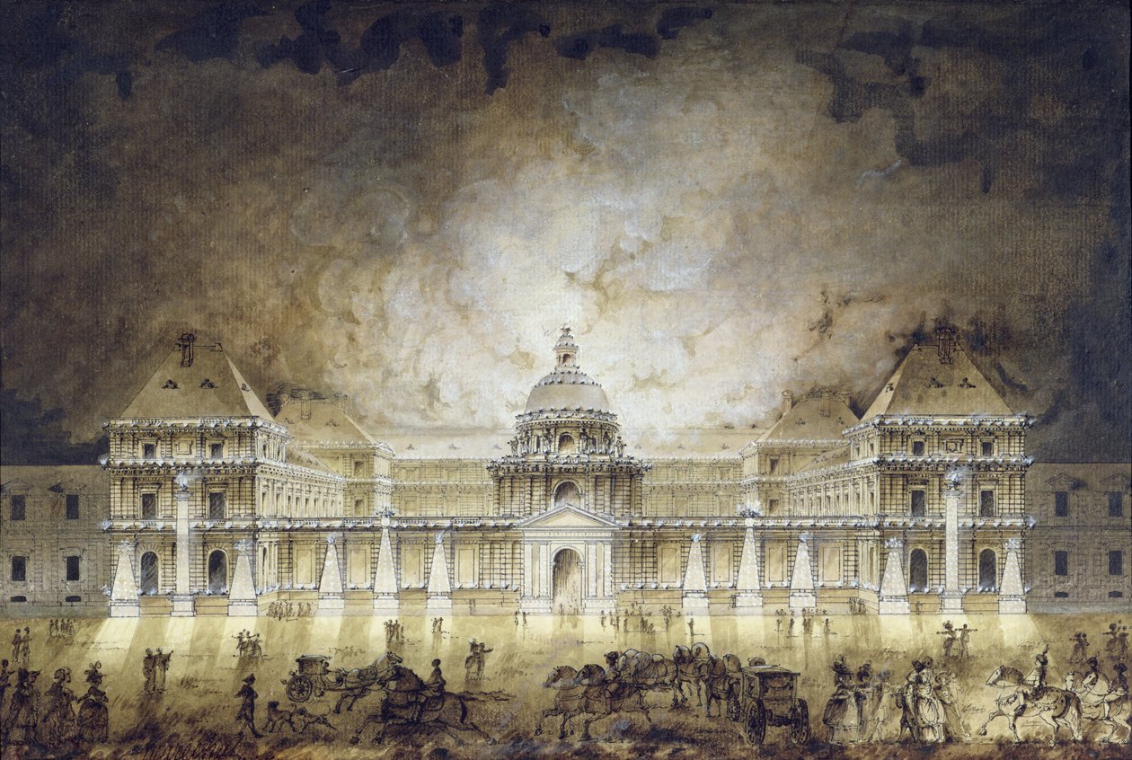 Luxembourg Palace oplyst til Fete du Roi i 1780 (pen og blæk og bistre på papir) af Jean Baptiste Marechal
