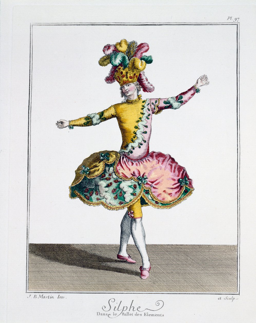 Kostumedesign for Silphe i Ballet of the Elements, slutningen af det 18. århundrede (håndkoloreret gravering) af Jean Baptiste Martin