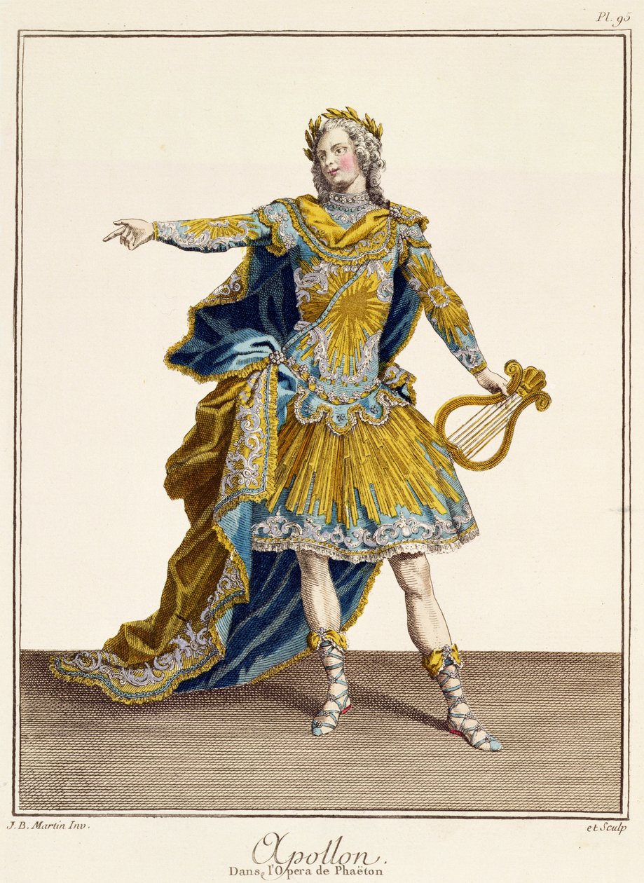 Kostume til Apollon i operaen "Phaethon", graveret af kunstneren, ca. 1780 af Jean Baptiste Martin