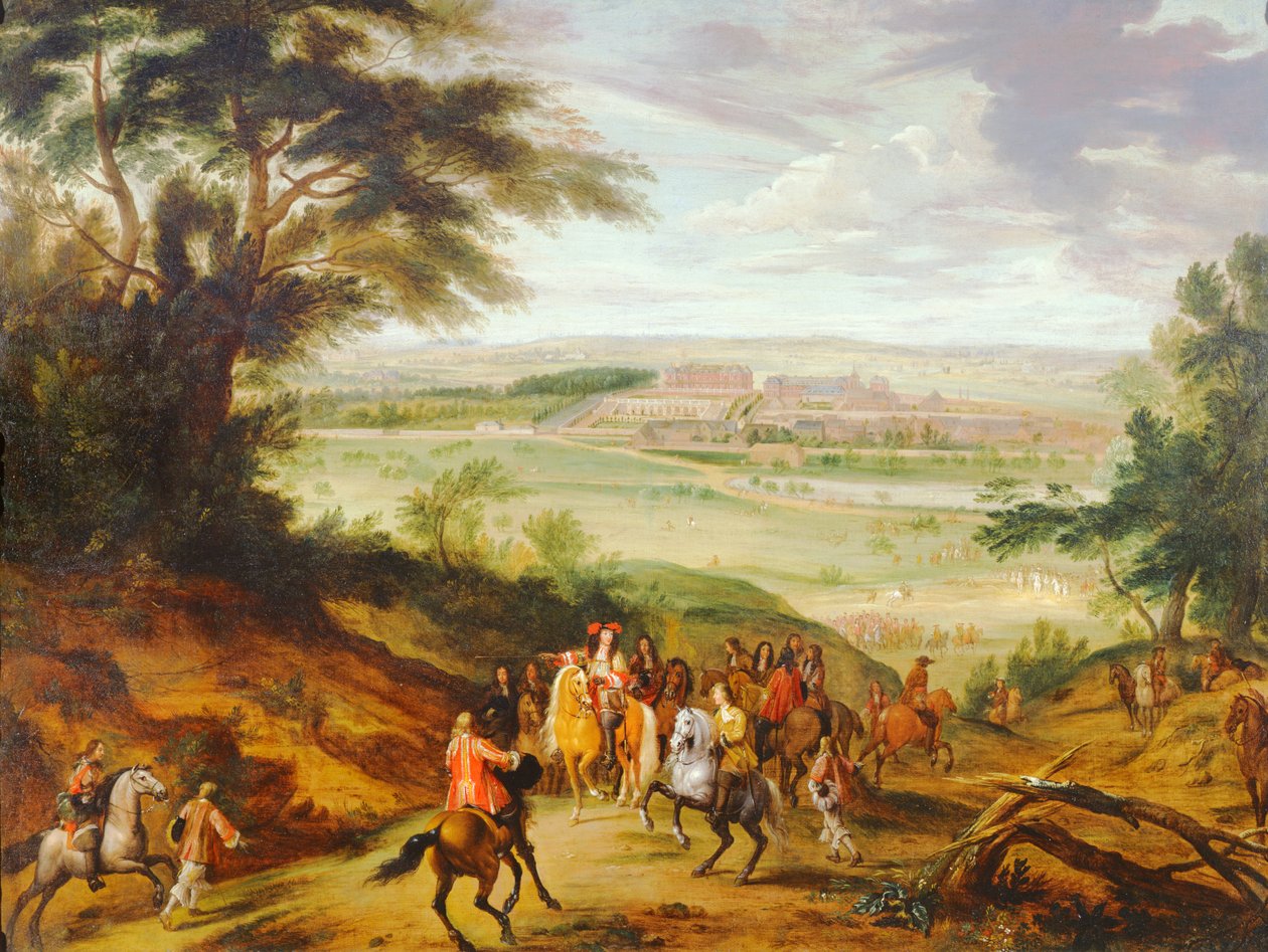 Louis XIV med Versailles i det fjerne af Jean Baptiste Martin