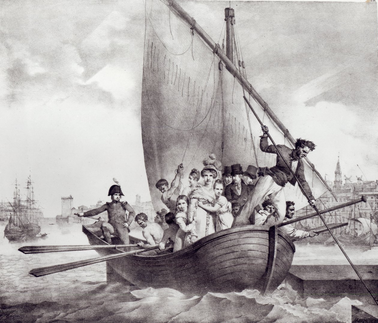 Bonaparte-familien ankommer til Toulon (Frankrig) på flugt fra Korsika, 17. juni 1793, graveret af Motte, Charles (1785-1836) af Jean Baptiste Mauzaisse