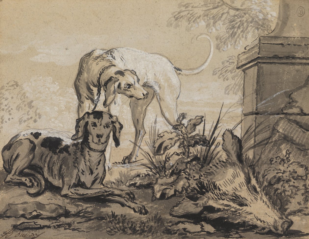Efter jagten- To hunde ved siden af et ornehoved af Jean Baptiste Oudry