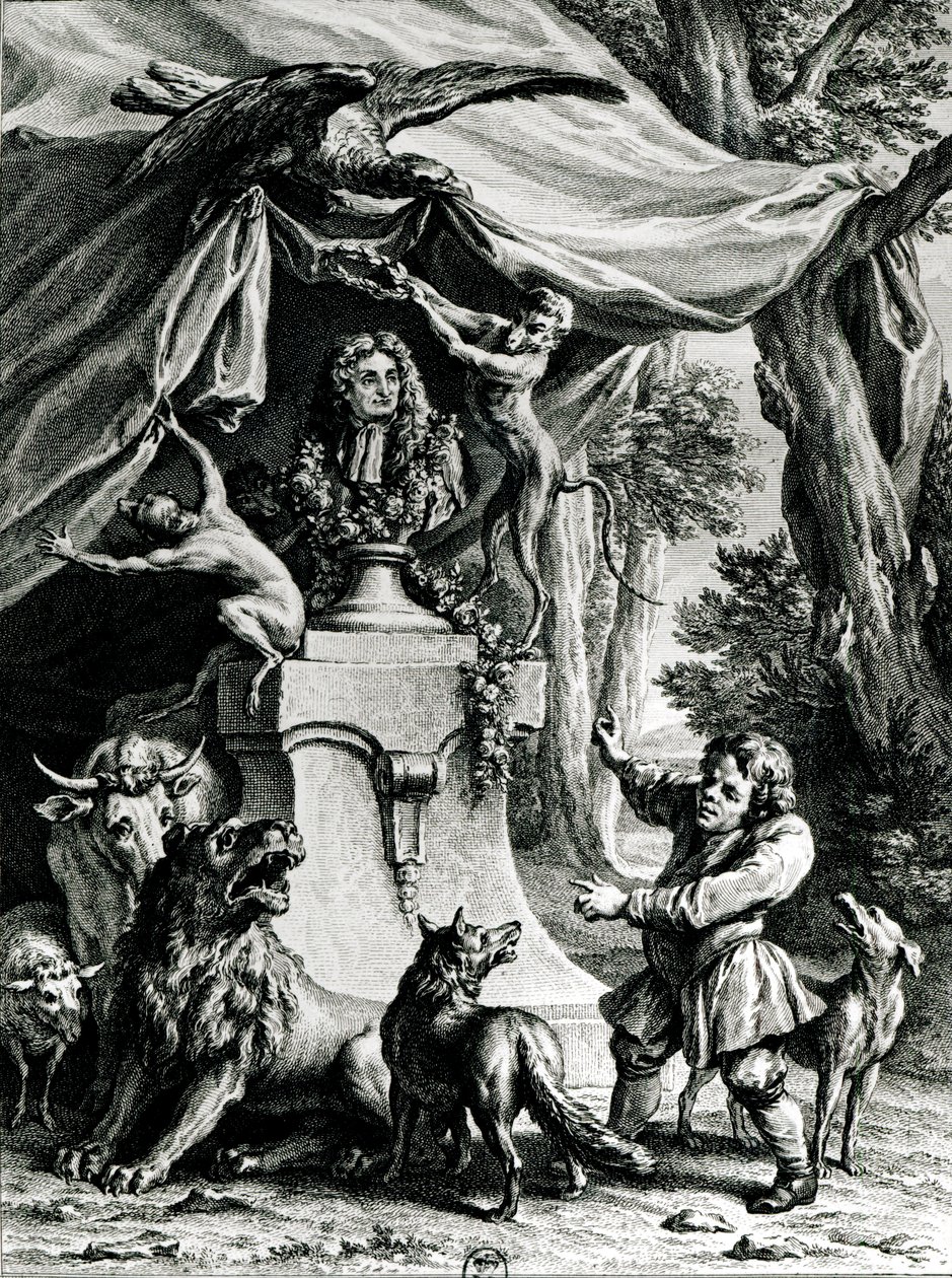 Allegorisk portræt af Jean de La Fontaine (1621-95) omgivet af dyr fra hans fabler af Jean Baptiste Oudry