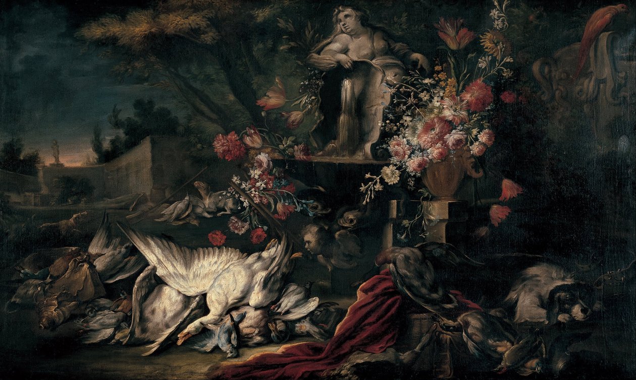 Dødens natur med skydeudstyr og blomster I af Jean Baptiste Oudry