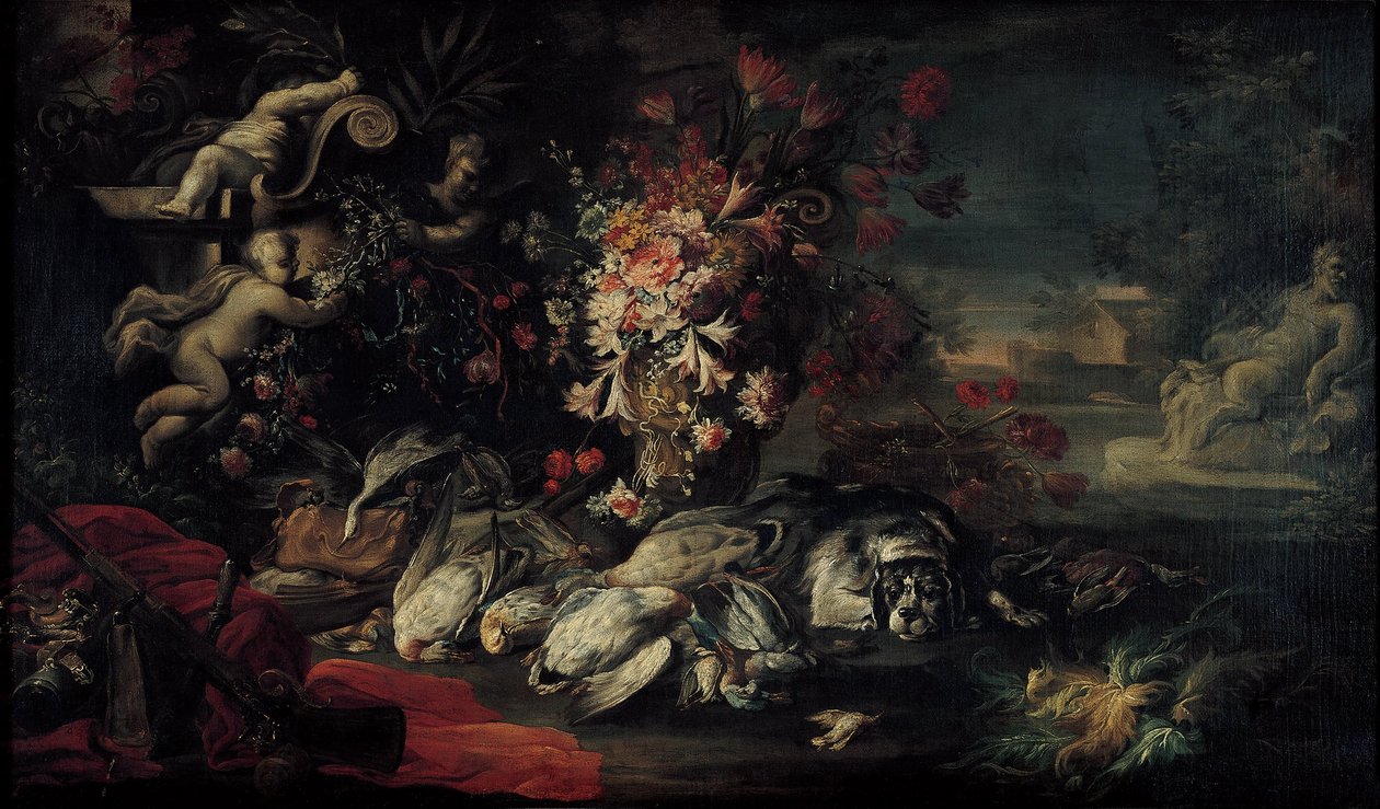 Dødens natur med skydeudstyr og blomster II af Jean Baptiste Oudry