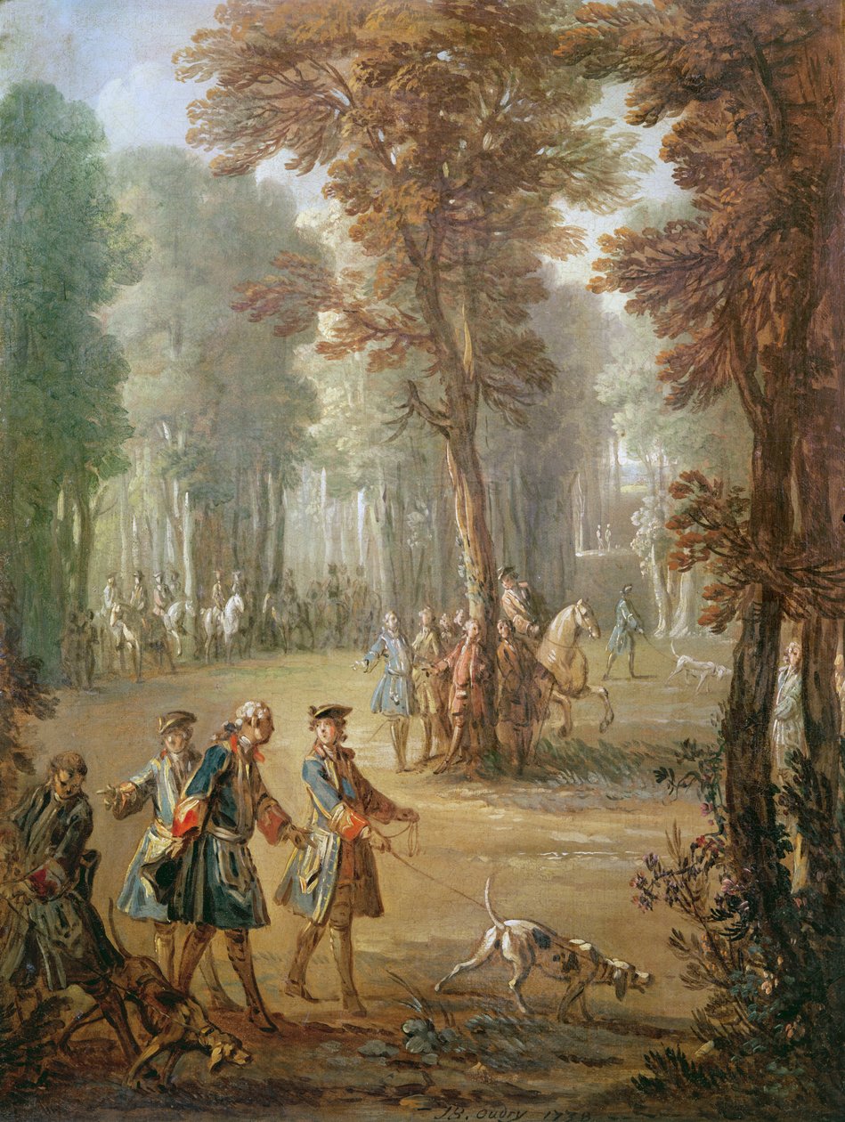 Ludvig XV (1710-74) og hans Blodhund ved Puys, tegning til et gobelin, 1738 (se også 3328) af Jean Baptiste Oudry