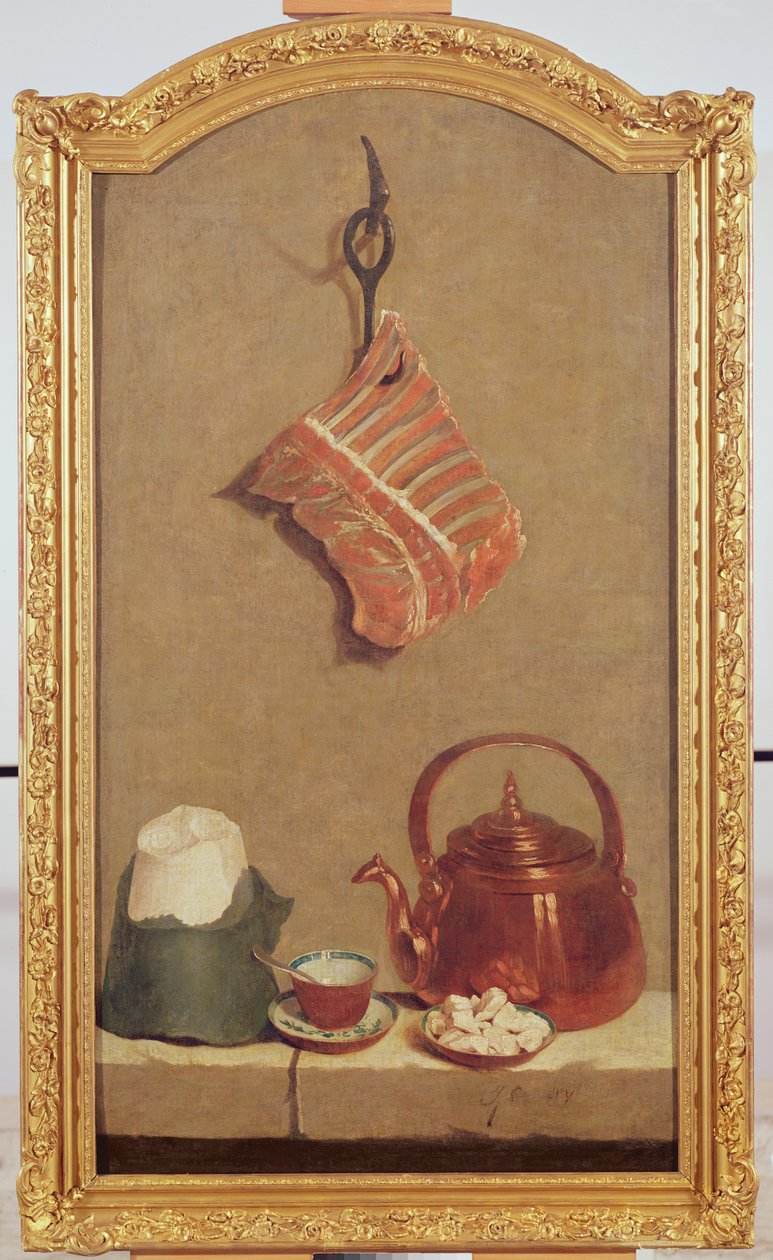 Stilleben med kød, kedel, kop, sukkerbrød og sukkerknalder af Jean Baptiste Oudry