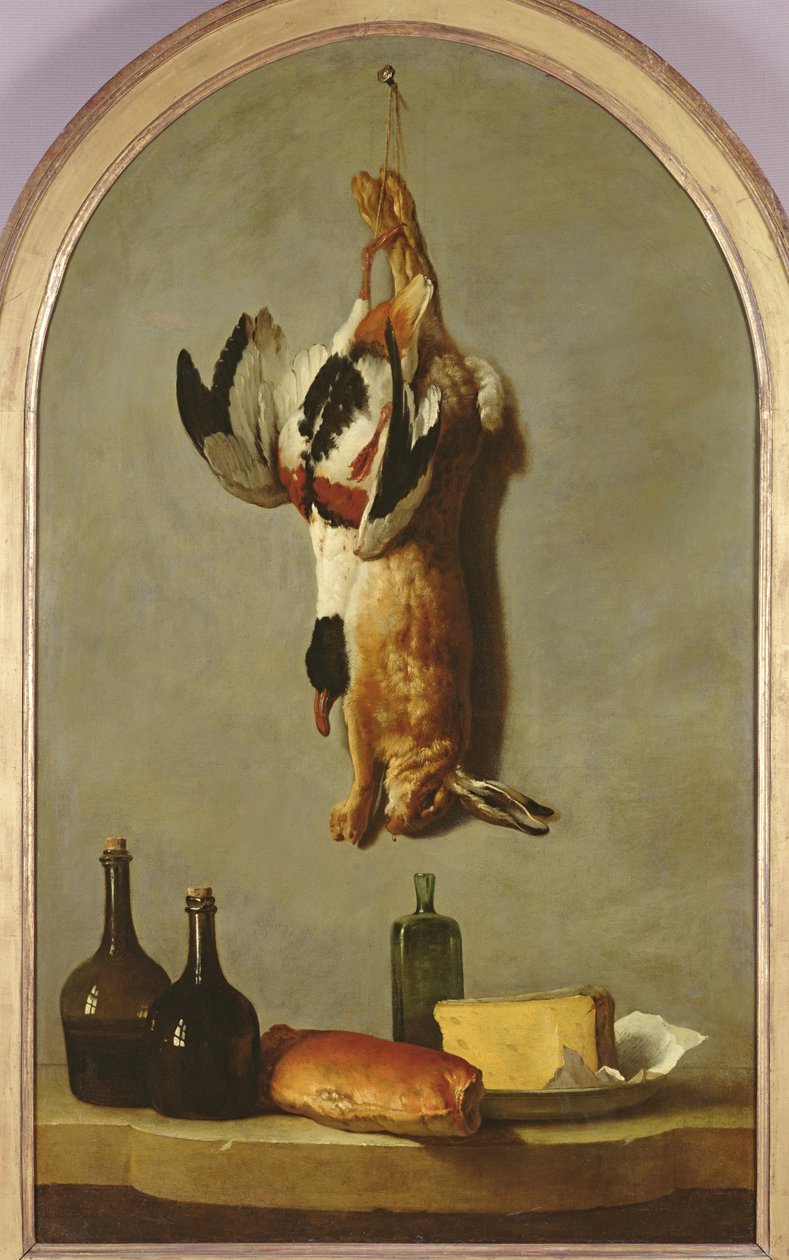 Stilleben (hare, and, flasker, brød og ost), 1742 af Jean Baptiste Oudry