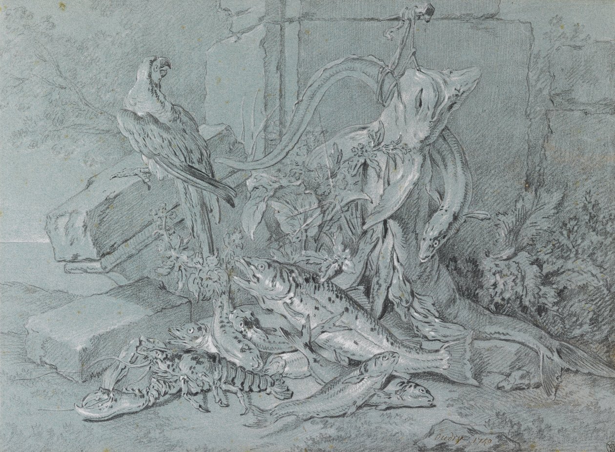 Stilleben med fisk og papegøje af Jean Baptiste Oudry