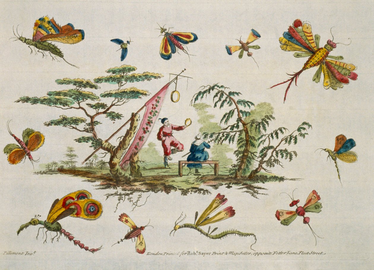 Illustration, der viser sommerfugle og to centrale figurer iført japansk tøj fra For Ladies Amusement..Art of Japanning. Pillement, Jean Baptiste (1728-1808) af Jean Baptiste Pillement