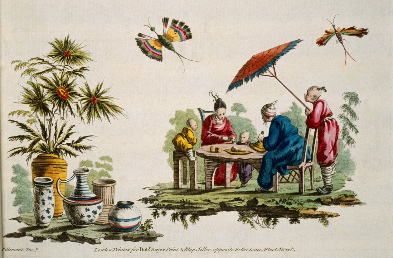 Illustration med figurer iført japansk tøj og parasol fra For Ladies Amusement..Art of Japanning..Pillement, Jean Baptiste (1728-1808) af Jean Baptiste Pillement