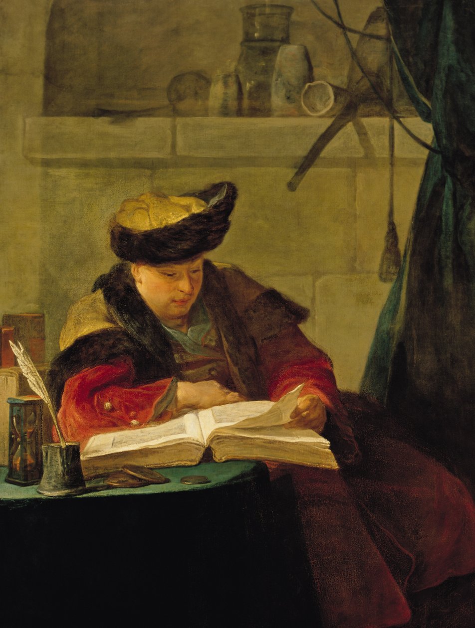 En kemiker i sit laboratorium, eller Suffleren, eller en filosof, der holder et foredrag (Portræt af maleren Joseph Aved (1702-66), 1734 af Jean Baptiste Simeon Chardin