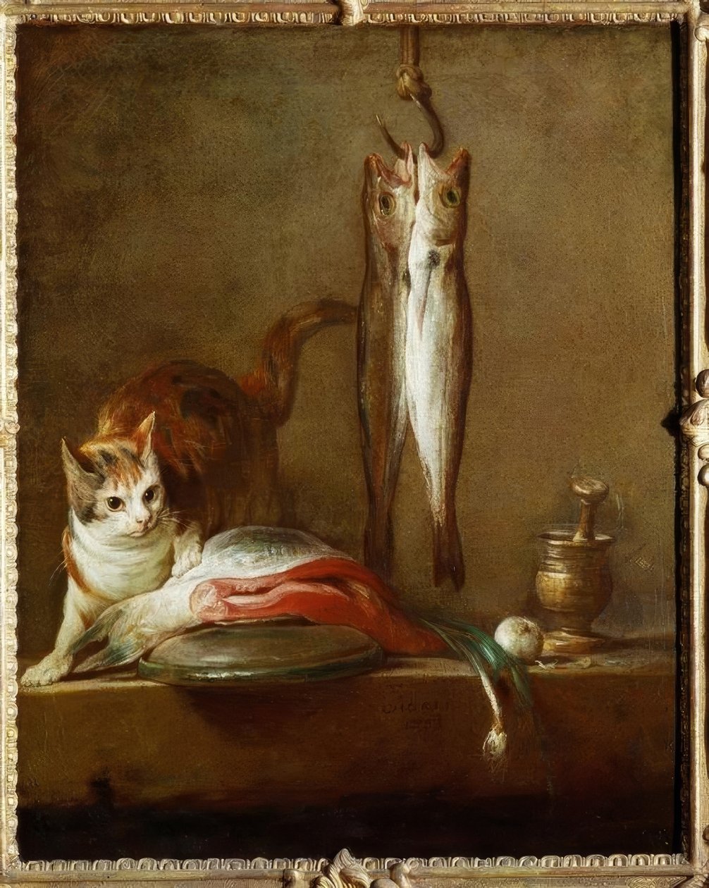 Kat med skive laks, to makreller, morter og pi af Jean Baptiste Simeon Chardin