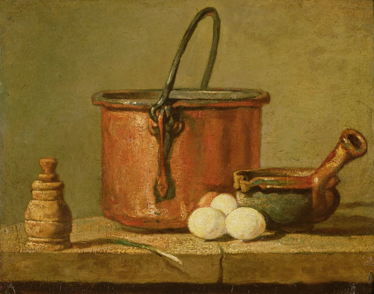 Stilleben af kogegrej, kedel, stegepande og æg af Jean Baptiste Simeon Chardin