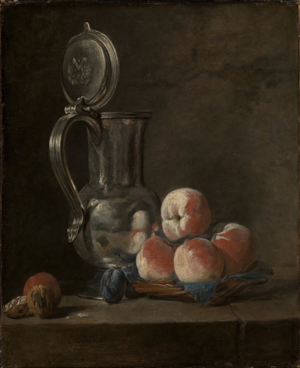 Stilleben med dåsekande og ferskner af Jean Baptiste Simeon Chardin