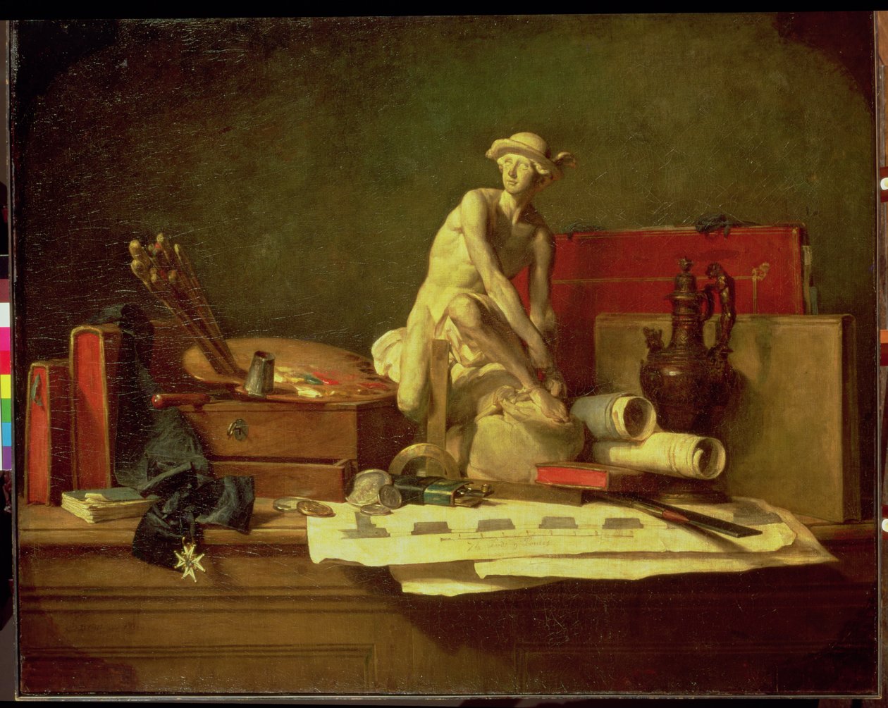Stilleben med kunstens egenskaber, 1766 af Jean Baptiste Simeon Chardin