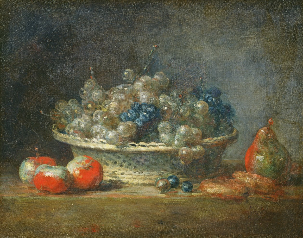 Stilleben: druekurv med tre æbler, en pære og to marcipaner, 1764 af Jean Baptiste Simeon Chardin