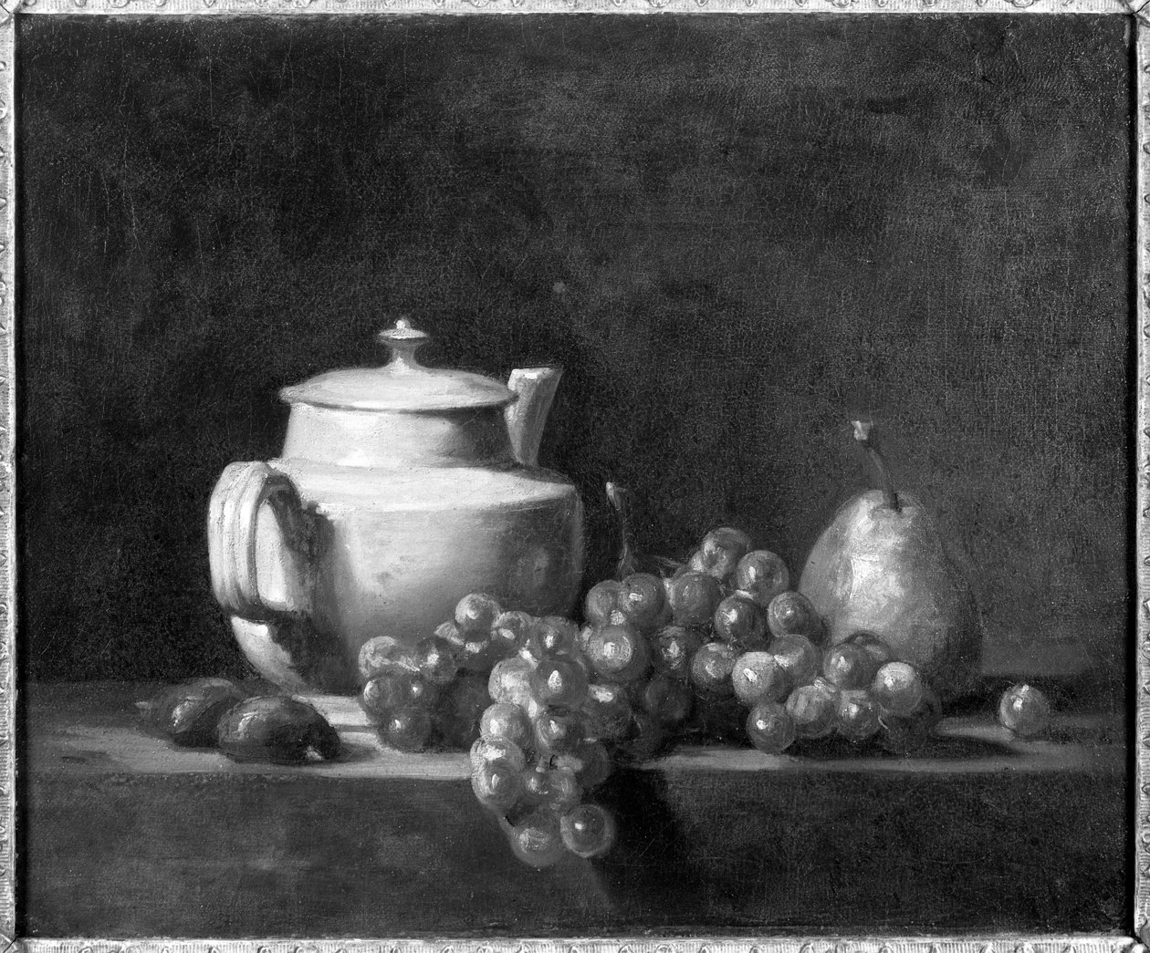 Hvid tekande med to kastanjer, hvide druer og en pære af Jean Baptiste Simeon Chardin