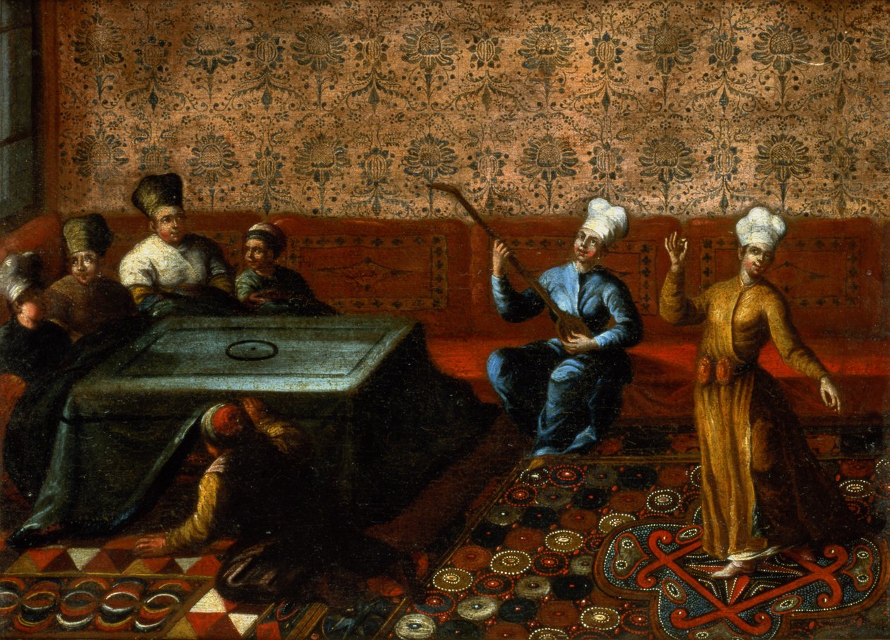 Figurer samlet rundt om en Kursi med en musiker og en danser, der optræder foran dem af Jean Baptiste Vanmour