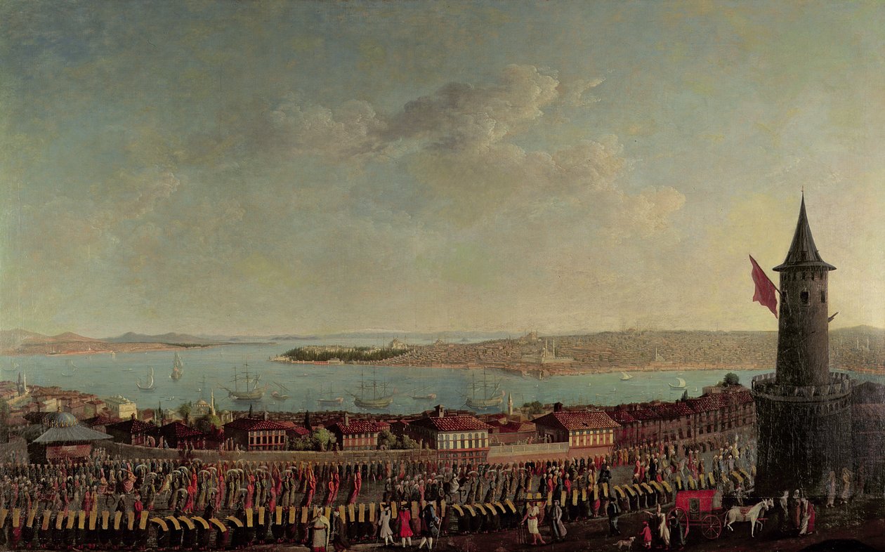 Udsigt over Konstantinopel med en procession af janitsharer, der passerer Galata-tårnet af Jean Baptiste Vanmour