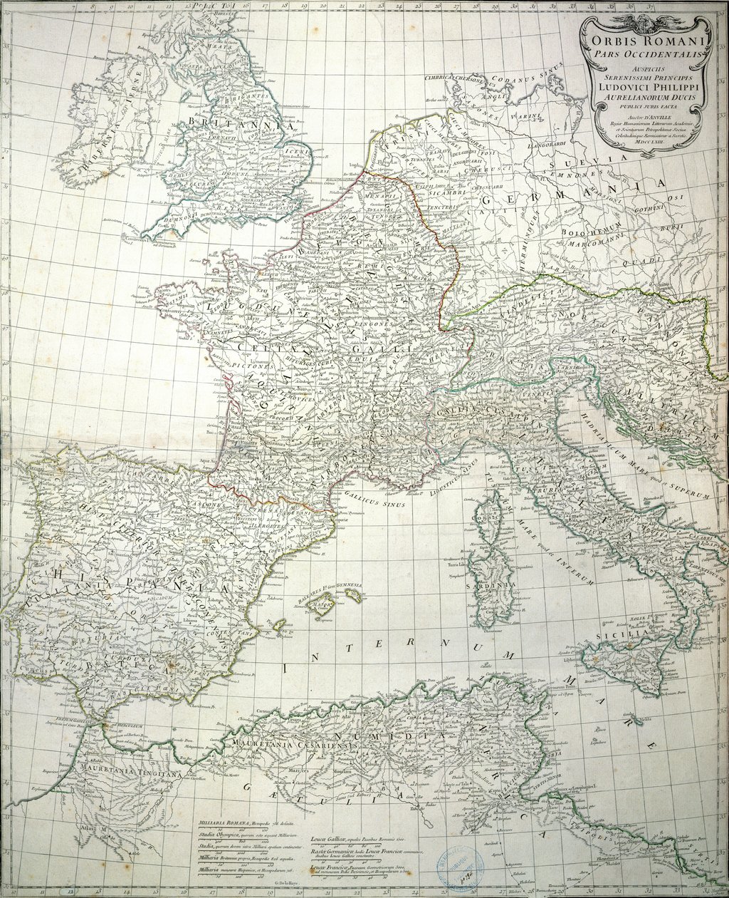 Kort over den vestlige del af Romerriget, 1763 af Jean Baptiste d