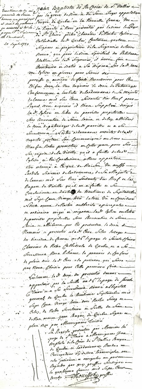 Dekret om oprettelse af sognet Saint-Louis-de-France de Terrebonne af Jean Baptiste de La Croix