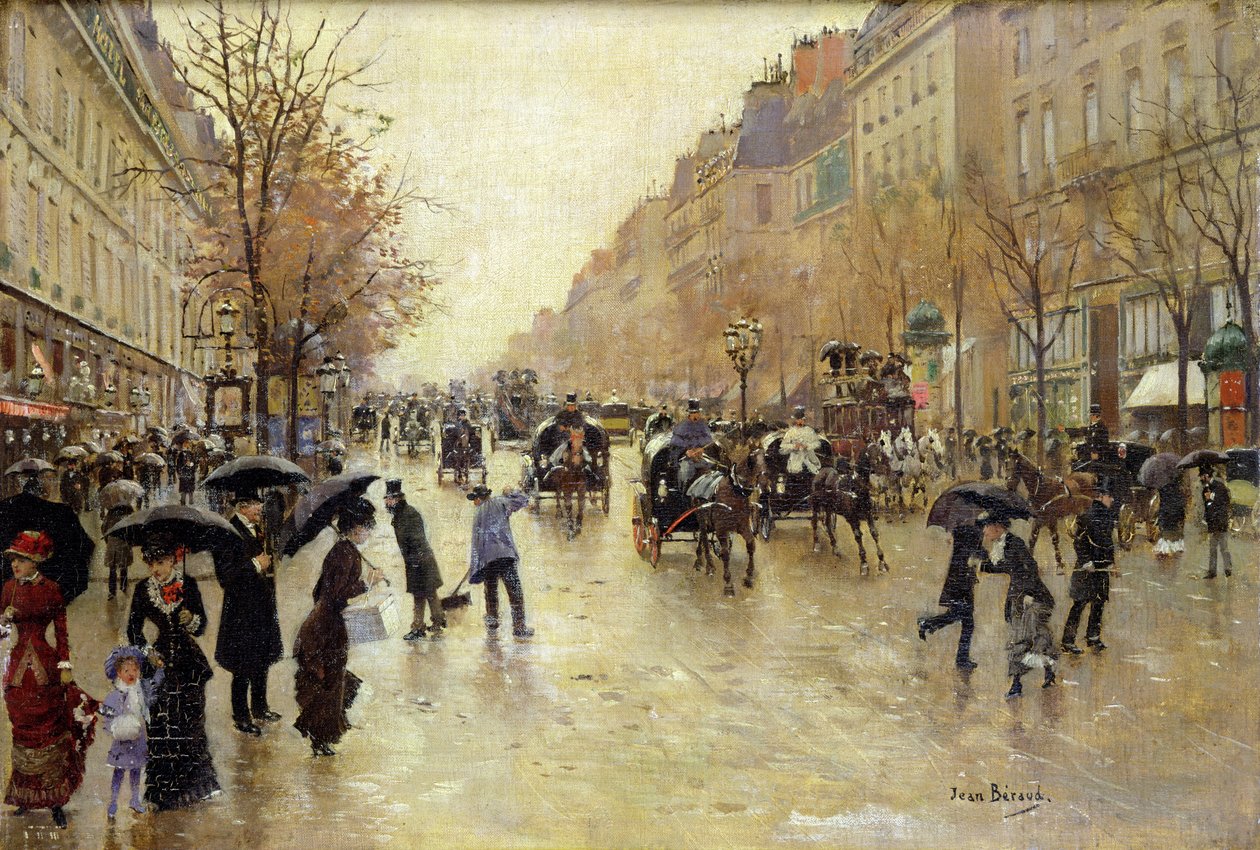 Boulevard Poissonniere i regnvejr, ca.1885 af Jean Beraud