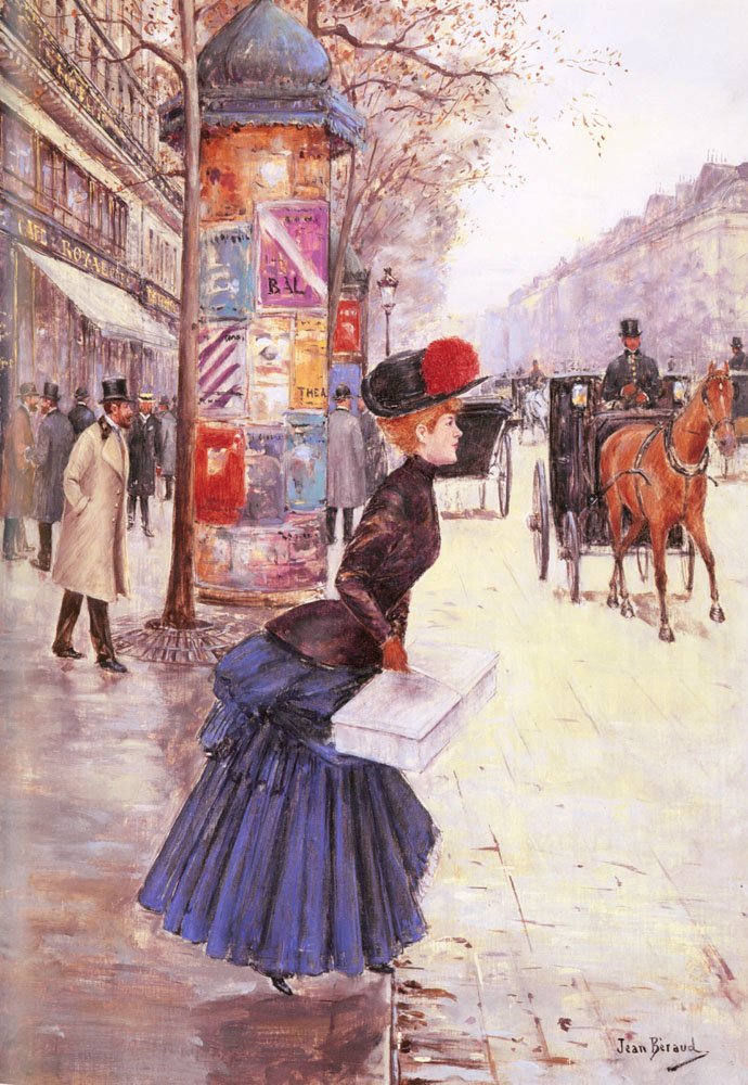 Ung kvinde, der krydser boulevarden af Jean Beraud