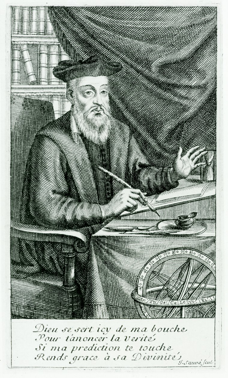 Michel de Nostredame (Nostradamus) (1503-66) Skriver sine profetier, indgraveret af Jean Sauve (fl.1660-91) af Jean Boulanger